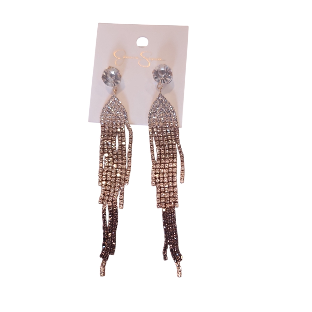 Jessica Simpson Woman Goldtone Crystal Rhinestones Fringe Dangle Long Earing